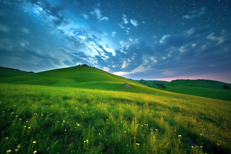 Green meadow and tree on hills at stars night sky background Created with Generative AI technology.の素材