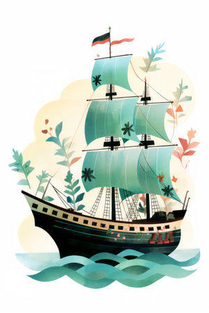 Pirate ships and sail in watercolor style on white background Created with Generative AI technology.の素材