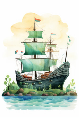 Pirate ships and sail in watercolor style on white background Created with Generative AI technology.の素材