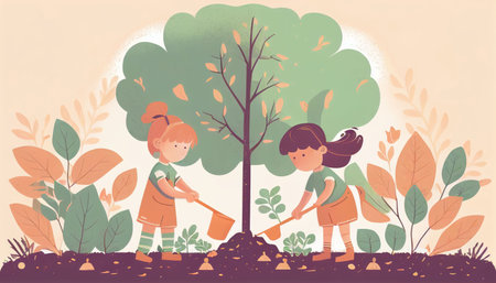 Children planting a tree for health the world and environment Created with Generative AI technology.の素材