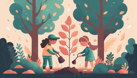 Children planting a tree for health the world and environment Created with Generative AI technology.の素材