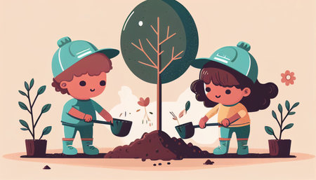 Children planting a tree for health the world and environment Created with Generative AI technology.の素材