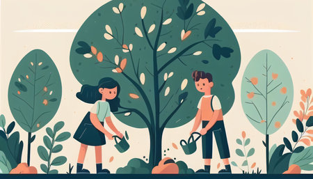 Children planting a tree for health the world and environment Created with Generative AI technology.の素材
