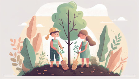 Children planting a tree for health the world and environment Created with Generative AI technology.の素材