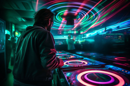 DJ player audio mixing electronic music in a nightclub party Created with Generative AI technology.の素材