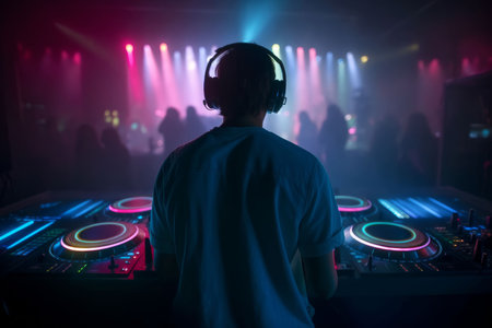 DJ player audio mixing electronic music in a nightclub party Created with Generative AI technology.の素材