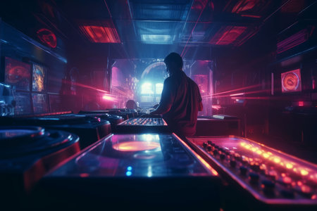 DJ player audio mixing electronic music in a nightclub party Created with Generative AI technology.の素材