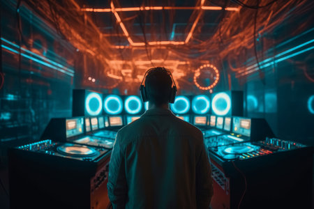 DJ player audio mixing electronic music in a nightclub party Created with Generative AI technology.の素材