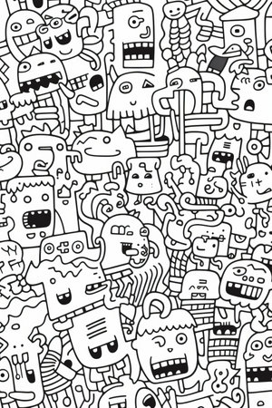 Illustration of coloring book doodle crowd cute alien monster Created with Generative AI technology.の素材