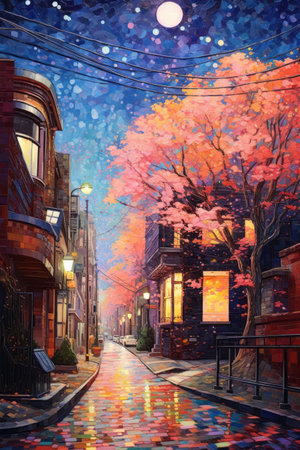 Illustration of beautiful city at night by mosaic paint style Created with Generative AI technology.の素材