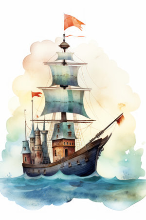 Pirate ships and sail in watercolor style on white background Created with Generative AI technology.の素材