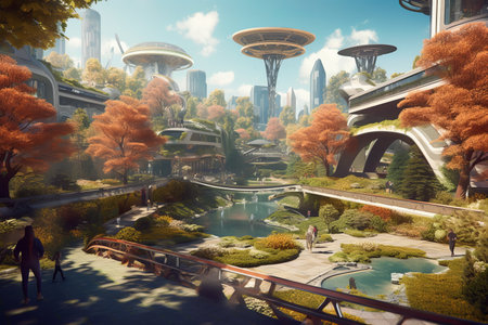 Conceptual of eco public park with clean energy in the future Created with Generative AI technology.の素材