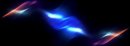 Wave 3d. Wave of particles. Dynamic wave on black background. Futuristic point wave. Design for...