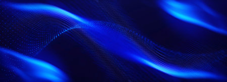 Abstract colorful digital particles wave with bokeh and light background, 3d render wave line dot background, line wave light glowing effect particular background.の写真素材