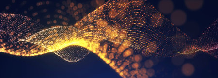 Abstract digital wave technology with flowing particles. Connection lots and line on dark...