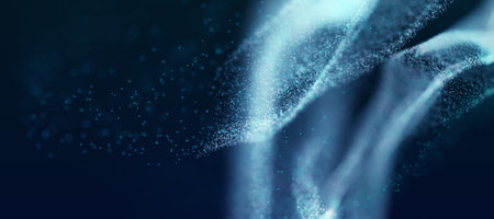 Abstract colorful digital particles wave with bokeh and light background, 3d render wave line dot...