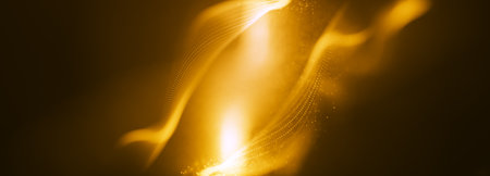 Abstract golden line wave particular background, gold light effect dot background, Neon smooth wave digital abstract background.の写真素材