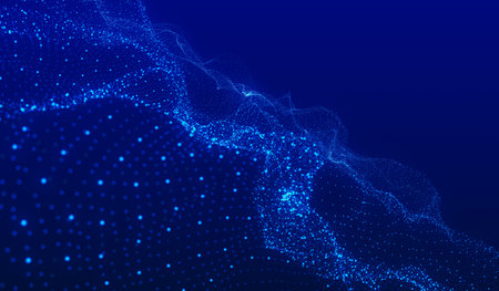 Blue particles wave background. Abstract dynamic mesh. Big data technology.の写真素材