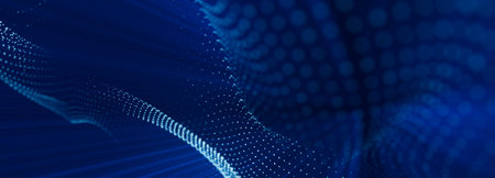 Blue particles wave background. Abstract dynamic mesh. Big data technology.