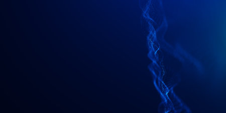Blue particles wave background. Abstract dynamic mesh. Big data technology.