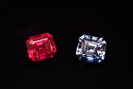 Ruby and Sapphire Gemstones on Black Backgroundの写真素材