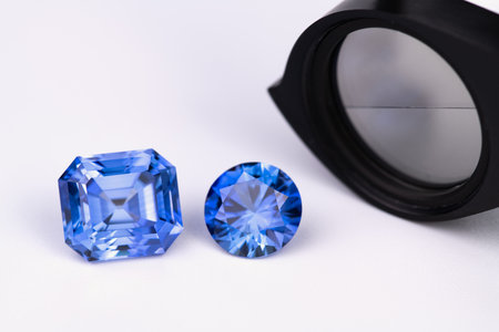 Blue sapphire gemstones on a white background with a magnifying glass, close-upの素材
