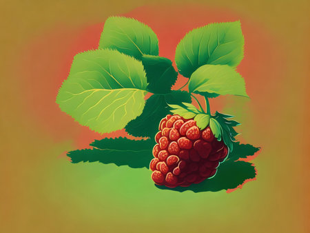 Raspberry with leaves on a red background. Vector illustration.の素材