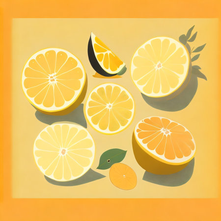 Sliced lemon and orange on yellow background. Vector illustration.の素材