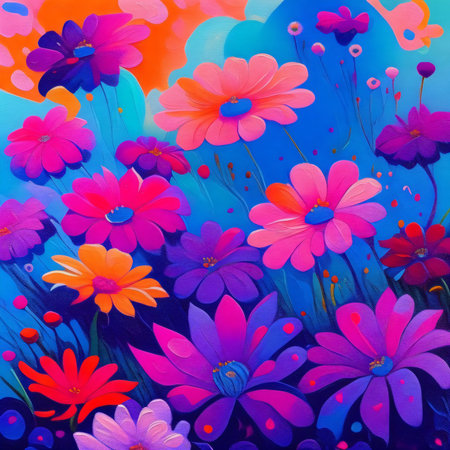 floral background with daisies in blue, pink and orangeの素材