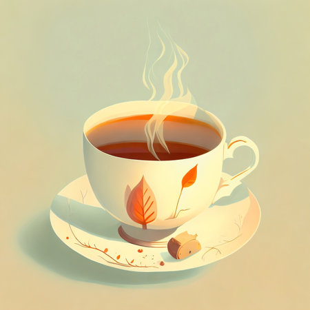 Cup of tea with leaves on saucer. Vector illustration.の素材