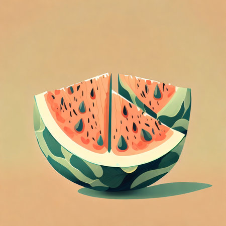 Illustration of a watermelon cut in half on a green backgroundの素材