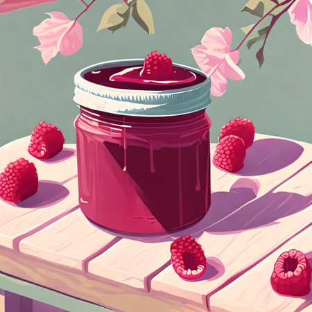 Cherry jam in a jar and fresh raspberries. Vector illustration.の素材