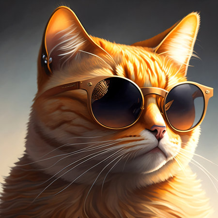 Orange cat in sunglasses on a dark background. 3D illustration.の素材