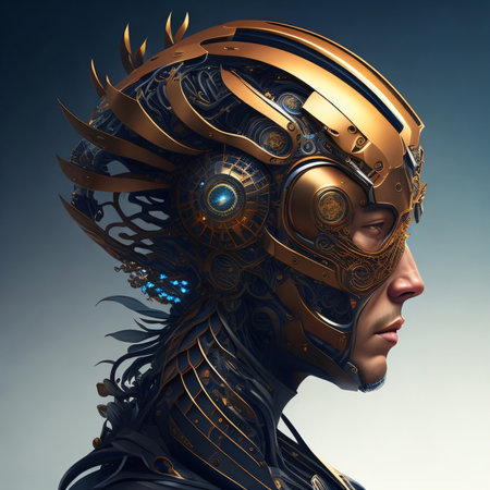Cyborg woman with metal gears on her head. 3D renderingの素材