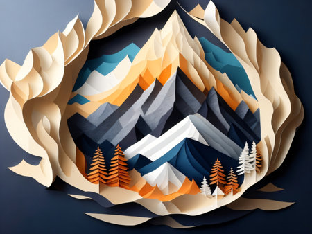 Abstract origami landscape with mountains and trees in paper cut style.の素材