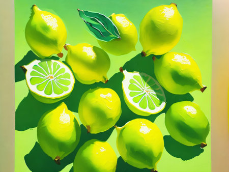 Lemon and lime fruits on a green background, top view.の素材