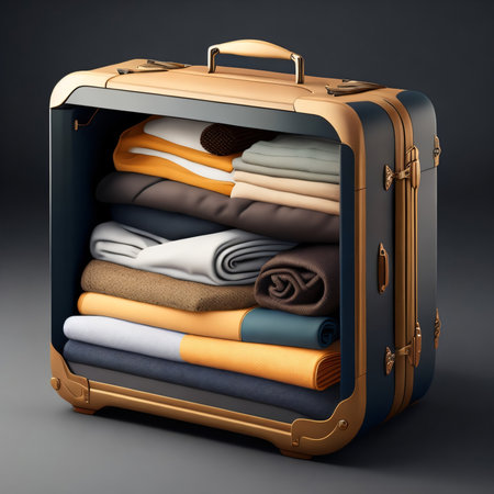 Suitcase full of clothes on dark background. 3d illustrationの素材