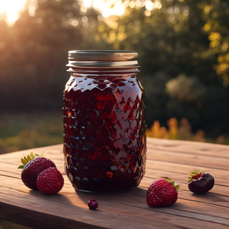 Jar of strawberry jam on a wooden table in the garden at sunsetの素材