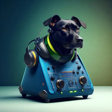 dog listening to music with headphones on turntable on green backgroundの素材
