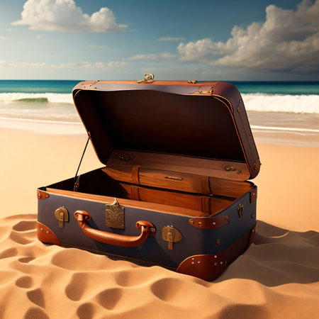 Open vintage suitcase on the sandy beach. 3d render illustration.の素材