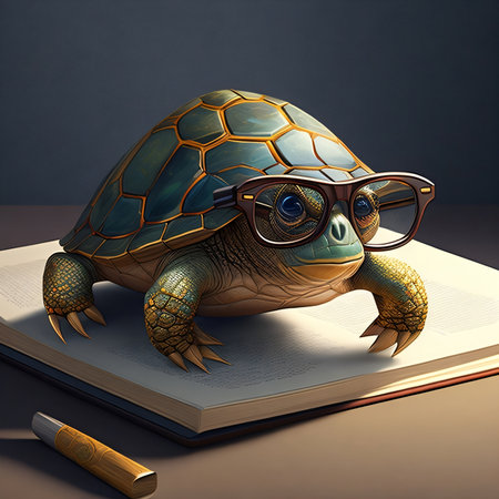 Tortoise with glasses on a book. 3d illustration.の素材