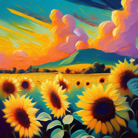Sunflowers on the background of mountains and sky. Oil painting.の素材