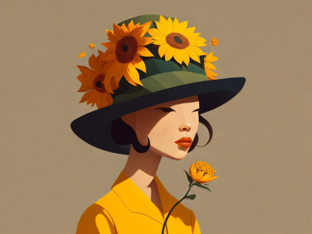 Retro woman in hat with sunflowers. 3d illustrationの素材