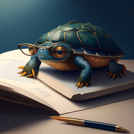 turtle with glasses and a fountain pen on a book. 3d illustrationの素材