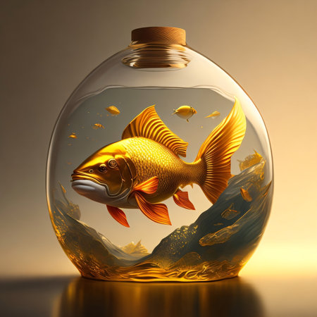 Gold fish in a glass vase. 3d render illustration.の素材