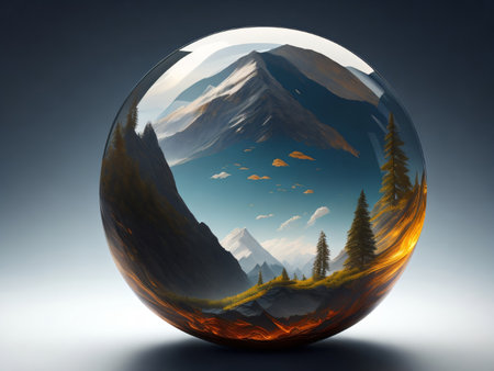 Fantastic landscape in a crystal ball on a dark background.の素材