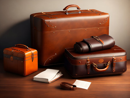 3D render of a group of old suitcases and travel accessoriesの素材