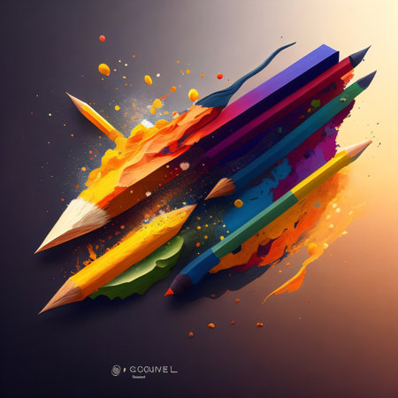 Colorful pencils with paint splashes on dark background. Vector illustration.の素材