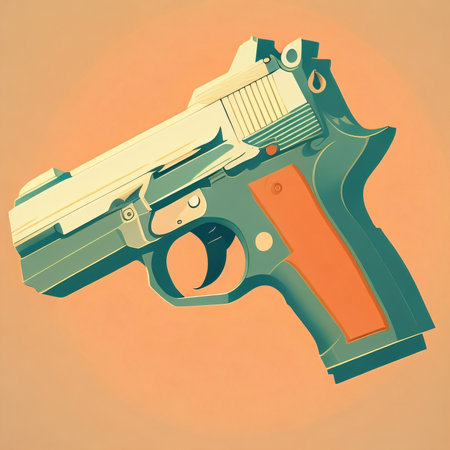 Illustration of a gun in retro style on an orange background.の素材