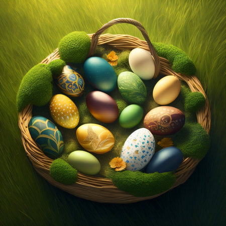 Easter basket with painted eggs on green grass, 3d renderの素材